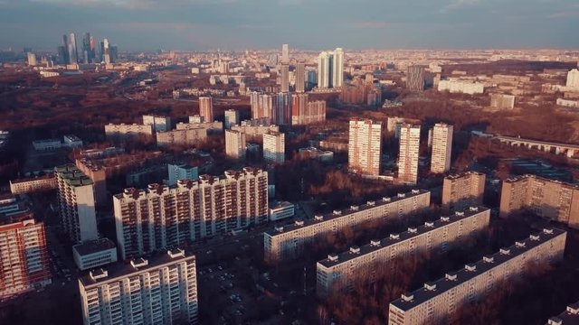 Aerial view of Moscow's cityscape in the rays of the setting spring sun