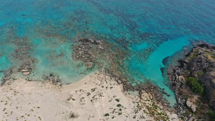 Acrylic prints Elafonissi Beach, Crete, Greece Aerial drone panoramic view photo of famous exotic paradise sandy deep turquoise beach of Elafonissi in South West Crete island, Greece