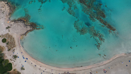Fototapeta na wymiar Aerial drone panoramic view photo of famous exotic paradise sandy deep turquoise beach of Elafonissi in South West Crete island, Greece
