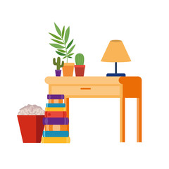 desk with stack of books on white background