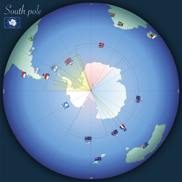 North pole global map with country flags, vector illustration