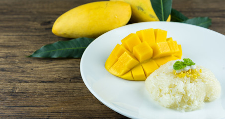 The close up of heap yellow mango and sticky rice setting with coconut milk in the dish on wooden table. popular traditional dessert of Thailand.