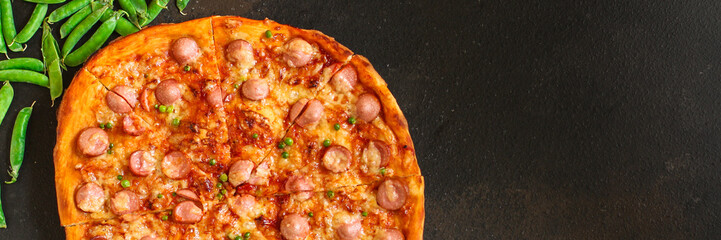 pizza - sausage stuffing, green peas, tomato sauce, cheese. food background. top