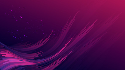 Abstract gradient purple pink curve wave stripes with glitters on gradient dark purple  pink background. Size ratio 1920x1080 px. EPS10, vector, illustration.