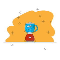 Cartoon kitchen appliances. Funny character. Crosses, mugs, steam. Working red smiling blender with eyes. For clothing design interiors icon for website landing page online store. Vector illustration.