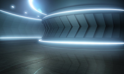 Futuristic Modern Sci Fi Dark Empty Spaceship Tunnel With Blue White Glowing Lights Technology Concept 3D Rendering