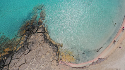 Aerial drone panoramic view photo of famous exotic paradise sandy deep turquoise beach of Elafonissi in South West Crete island, Greece