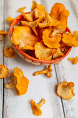 Forest Orange mushrooms chanterelles in a wicker basket and scattering on a white wooden table. Close up. Rustic style