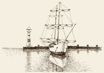 Boat in harbor artistic hand drawing