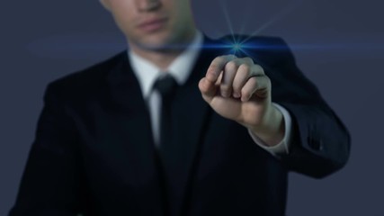 Man in suit touching screen, fingerprint access, modern technologies, future - Powered by Adobe