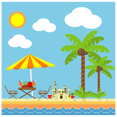 Obraz premium Relax on the beach by the sea, play and build a sand castle. Vector illustration is not a holiday and leisure theme.