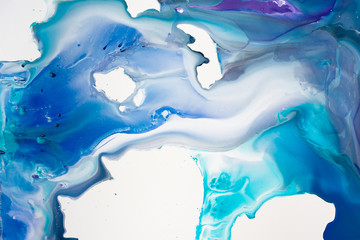 Liquid paper aquamarine and blue paint background. Fluid painting abstract texture, art technique. Colorful mix of acrylic vibrant colors. Creativity and painting. Background design, printing, pattern