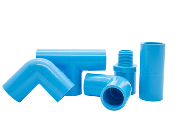 Group of PVC blue pipe fittings isolated connection white background.