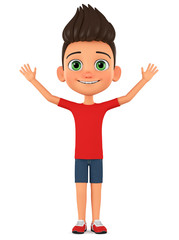 Cartoon character boy in red t-shirt with arms raised up on a white background. 3d rendering. Illustration for advertising.