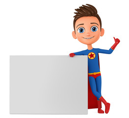Boy into a hero suit leaned against a blank billboard and shows boshoy thumbs up. 3d render Illustration for advertising.