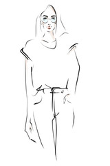 Young stylish woman in jeans and t-shirt. Hand-drawn fashion illustration. Vector