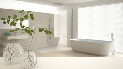 White table top or shelf with glass vase with hydroponic plant, ornament, root of plant in water, branch in vase, house plant, modern blurred bathroom background, interior design