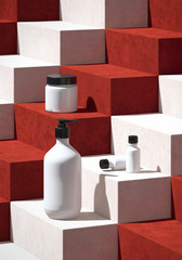 Cosmetic background for product presentation. White bottle on red and pink velvet step. 3d rendering illustration. - Illustration