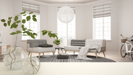 White table top or shelf with glass vase with hydroponic plant, ornament, root of plant in water, branch in vase, house plant, modern blurred living room background, interior design