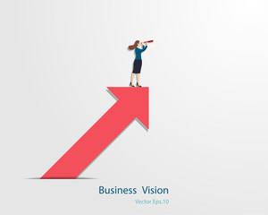 Business woman holding binocular standing on arrow looking up to success goal
