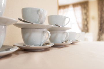 Many cups on table, concept of catering, food service or banquet service