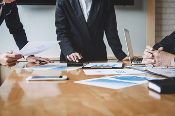 Business team meeting present, investor colleagues consultation and conference new strategy plan business and market growth on financial document graph report, Meeting and Talking