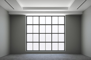 Front view of empty interior space industrial loft style with concrete floor, windows and sunlight. Real estate concept. 3D Rendering -