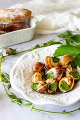 Bourguignonne snail with lemon. Marble background. French cuisine.