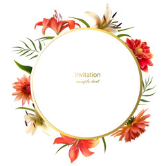 Flowers. Dahlia. Floral background. Lilies. White. Pattern. Border. Gold ring. Green leaves. Red. Bright. Motley. 