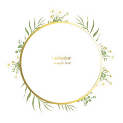 Flowers. Floral background. White. Pattern. Border. Gold ring. Green leaves.