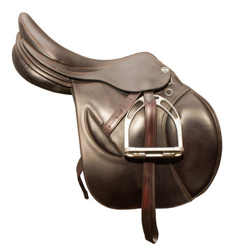 Competitive saddle of dark brown leather on a white background
