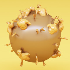 Abstract concept yellow of men are stuck on the gold sphere. 3d rendering