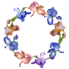 Fototapeta na wymiar Iris. Flowers. Floral background. Border. Blue. Petals. Flower pattern. Wreath. Green leaves.