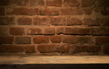 Old wood plank with abstract old brick wall background for product display