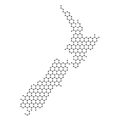 New Zealand map from abstract futuristic hexagonal shapes, lines, points black, in the form of honeycomb or molecular structure. Vector illustration.