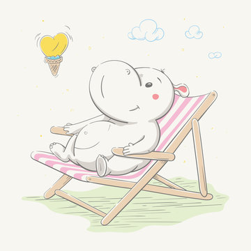Lovely cute hippo sunbathes on the striped chaise lounge. Hippopotamus dreams of ice cream in the form of the heart.