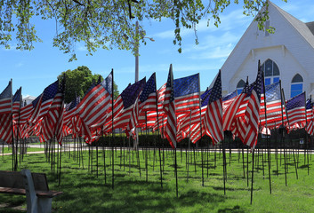 Memorial Day in USA - American flags arranged in rows on Fort Square, Quincy, Massachusetts