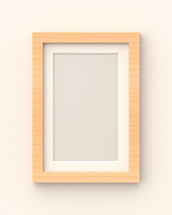 Rectangular wooden picture frame mounted on a cream wall. 3d render. Front view. Home Interiors Series.