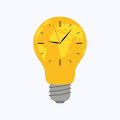 Light bulb world map with clock on white background, vector illustration