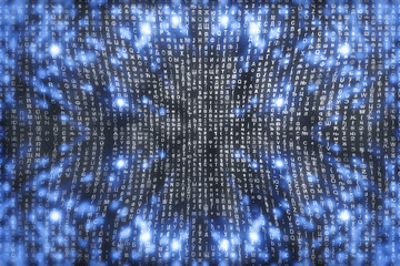 Blue matrix digital background. Abstract cyberspace concept. Characters fall down. Matrix from symbols stream. Virtual reality design. Complex algorithm data hacking. Cyan digital sparks.