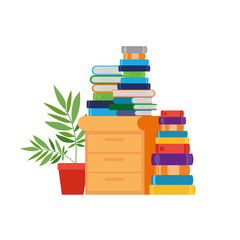 wooden drawer with stack of books in white background