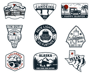 Vintage hand drawn travel badges set. Camping labels concepts. Mountain expedition logo designs. Retro camp logotypes collection. Stock vector outdoor patches isolated. Silhouette