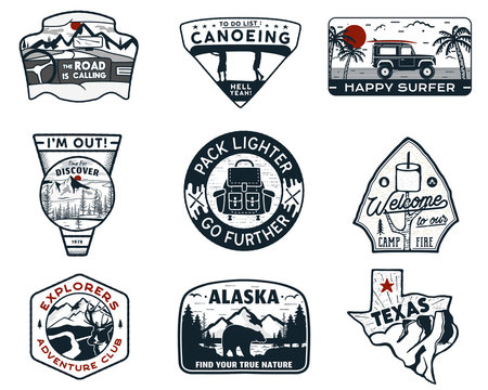 Vintage hand drawn travel badges set. Camping labels concepts. Mountain expedition logo designs. Retro camp logotypes collection. Stock vector outdoor patches isolated. Silhouette
