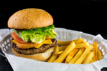 Pure beaf burger and french fries