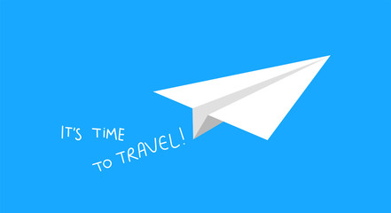 It's time to travel! Travel vacations design picture of papper aircraft, airplane, airliner in isometric, 3D style. Vector illustration. Blue background.