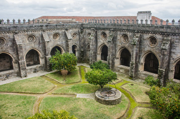 View of the lovely cloister garden from the upper storey of the Cathedral of Evora, in Portugal.