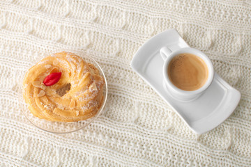 delicious almond cake on white background