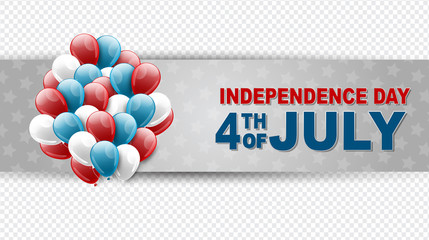 4th of July United States national Independence Day celebration banner on a transparent background with blue, red, and white balloons for a websiteheader or advertisement print. Vector illustration.