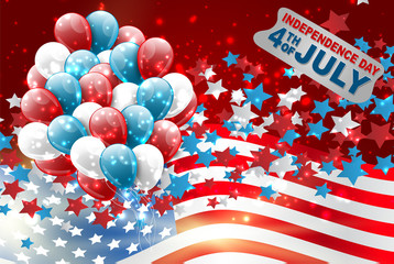 Fototapeta premium 4th of July United States national Independence Day celebration glowing background with American flag, confetti, and balloons. Party concept. Vector illustration.