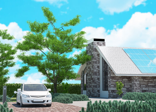 Ecological house with solar panels, 3d rendering